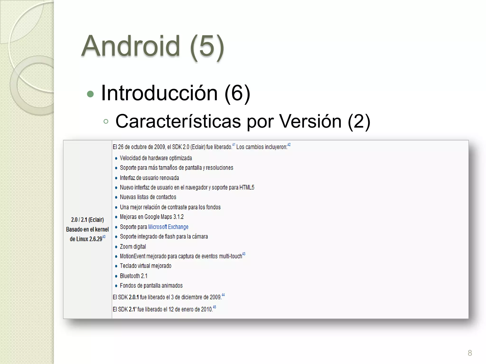 Android (5)
   Introducción (6)
    ◦ Características por Versión (2)




                                        8
 