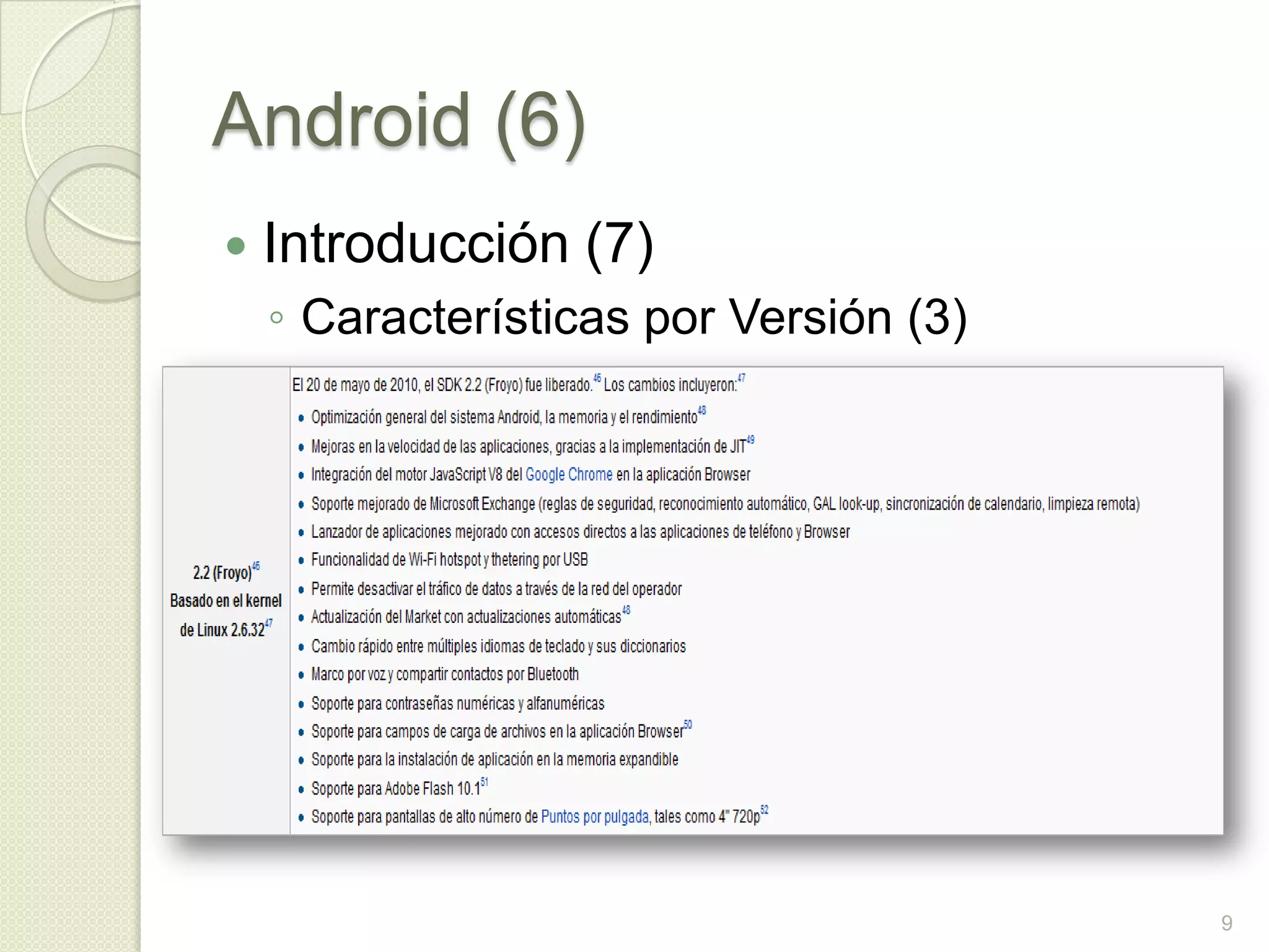 Android (6)
   Introducción (7)
    ◦ Características por Versión (3)




                                        9
 