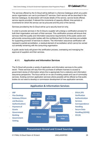 Data Centre Strategy, G-Cloud & Government Applications Store Programme Phase 2



    The services offered by the G-Cloud will be defined in a Service Catalogue which any public
    sector organisation can use to purchase ICT services. Each service will be described in the
    Service Catalogue, its description will include details of the service, service levels offered,
    service reports provided, if relevant the increments of capacity offered, time periods or
    increments for which the service can be procured and the price of the service.

    Services provided by the G-Cloud will be up to security level IL4 only.

    In order to provide services in the G-Cloud a supplier will undergo a certification process for
    both their organisation and each of their services. This certification process will ensure that
    services meet the quality and information assurance requirements of the public sector and
    will provide consuming public bodies with the confidence that G-Cloud services are suitable
    for supporting provision of services to citizens. The information assurance certification will
    represent a partial accreditation, a residual element of accreditation which cannot be carried
    out centrally remaining with the consuming organisation.

    A public sector body will govern the certification process, overseeing and managing the
    approval of suppliers and their services.



       4.1.1.        Application and Information Services


    The G-Cloud will provide a variety of application and information services to the public
    sector. These services will vary from the purchase of software licenses to access to
    government stores of information where this is appropriate from a statutory and information
    assurance perspective. The focus will be on re-use of existing assets and use of commodity
    services. Existing common application services where possible will be offered so that public
    bodies do not need to develop or commission development of new application services.


                              Application & Information Services

-   ERP                                                                                -   DVLA./IPS
-   Flex Desktop                                                                           Verification
-   Gateway (Citizen                                                                   -   Authentication
    and Business                                                                           Services
    Authentication)                                                                    -   Correspondence
-   Payment of                                                                             Handling
    Grants                                                                             -   Secure Data
-   Government                                                                             Handling (GCHQ)
    Banking                                                                            -   CIS (X)
-   Government
    Vetting



                         Procurement Strand and Crowd Sourcing

    01 FINAL G-Cloud Vision v0 35.doc5                              UNCLASSIFIED                      28
 