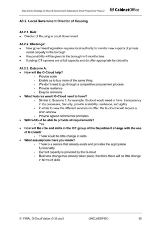 Data Centre Strategy, G-Cloud & Government Applications Store Programme Phase 2



A3.2. Local Government Director of Housing


A3.2.1. Role:
   Director of Housing in Local Government

A3.2.2. Challenge:
     New government legislation requires local authority to monitor new aspects of private
     rental property in the borough
     Responsibility will be given to the borough in 6 months time
     Existing ICT systems are at full capacity and do offer appropriate functionality

A3.2.3. Outcome A:
   How will the G-Cloud help?
          - Provide scale
          - Enable us to buy more of the same thing
          - We don‟t need to go through a competitive procurement process
          - Provide resilience
          - Easy to terminate
   What features would G-Cloud need to have?
          - Similar to Scenario 1, for example G-cloud would need to have transparency
              in it‟s processes, Security, provide scalability, resilience, and agility
          - In order to view the different services on offer, the G-cloud would require a
              shop window
          - Provide agreed commercial principles
   Will G-Cloud be able to provide all requirements?
          - Yes
   How will the role and skills in the ICT group of the Department change with the use
   of G-Cloud?
          - There would be little change in skills
   What assumptions have you made?
          - There is a service that already exists and provides the appropriate
              functionality
          - Current capacity is provided by the G-cloud
          - Business change has already taken place, therefore there will be little change
              in terms of skills




01 FINAL G-Cloud Vision v0 35.doc5                              UNCLASSIFIED                 59
 