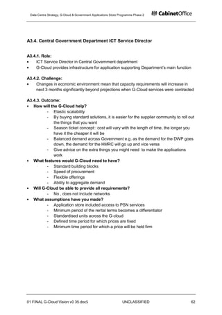 Data Centre Strategy, G-Cloud & Government Applications Store Programme Phase 2




A3.4. Central Government Department ICT Service Director


A3.4.1. Role:
     ICT Service Director in Central Government department
     G-Cloud provides infrastructure for application supporting Department‟s main function

A3.4.2. Challenge:
     Changes in economic environment mean that capacity requirements will increase in
     next 3 months significantly beyond projections when G-Cloud services were contracted

A3.4.3. Outcome:
   How will the G-Cloud help?
          - Elastic scalability
          - By buying standard solutions, it is easier for the supplier community to roll out
              the things that you want
          - Season ticket concept:: cost will vary with the length of time, the longer you
              have it the cheaper it will be
          - Balanced demand across Government e.g. as the demand for the DWP goes
              down, the demand for the HMRC will go up and vice versa
          - Give advice on the extra things you might need to make the applications
              work
   What features would G-Cloud need to have?
          - Standard building blocks
          - Speed of procurement
          - Flexible offerings
          - Ability to aggregate demand
   Will G-Cloud be able to provide all requirements?
          - No , does not include networks
   What assumptions have you made?
          - Application store included access to PSN services
          - Minimum period of the rental terms becomes a differentiator
          - Standardised units across the G-cloud
          - Defined time period for which prices are fixed
          - Minimum time period for which a price will be held firm




01 FINAL G-Cloud Vision v0 35.doc5                              UNCLASSIFIED               62
 