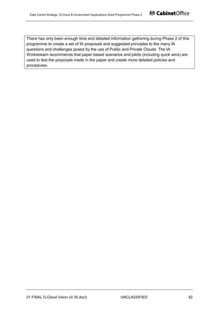 Data Centre Strategy, G-Cloud & Government Applications Store Programme Phase 2




There has only been enough time and detailed information gathering during Phase 2 of this
programme to create a set of IA proposals and suggested principles to the many IA
questions and challenges posed by the use of Public and Private Clouds. The IA
Workstream recommends that paper based scenarios and pilots (including quick wins) are
used to test the proposals made in the paper and create more detailed policies and
procedures.




01 FINAL G-Cloud Vision v0 35.doc5                              UNCLASSIFIED            82
 