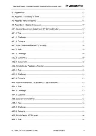Data Centre Strategy, G-Cloud & Government Applications Store Programme Phase 2



8.     Appendices ............................................................................................................................ 53

A1. Appendix 1 - Glossary of terms ............................................................................................ 53

A2. Appendix 2 Stakeholder list .................................................................................................. 55

A3. Appendix 3 – Details of Scenarios........................................................................................ 57

A3.1. Central Government Department ICT Service Director ................................................... 57

A3.1.1. Role: ................................................................................................................................. 57

A3.1.2. Challenge: ........................................................................................................................ 57

A3.1.3. Outcome: .......................................................................................................................... 57

A3.2. Local Government Director of Housing ............................................................................. 59

A3.2.1. Role: ................................................................................................................................. 59

A3.2.2. Challenge: ........................................................................................................................ 59

A3.2.3. Outcome A: ...................................................................................................................... 59

A3.2.4. Outcome B: ...................................................................................................................... 60

A3.3. Private Sector Application Provider................................................................................... 61

A3.3.1. Role................................................................................................................................... 61

A3.3.2. Challenge: ........................................................................................................................ 61

A3.3.3. Outcome: .......................................................................................................................... 61

A3.4. Central Government Department ICT Service Director ................................................... 62

A3.4.1. Role: ................................................................................................................................. 62

A3.4.2. Challenge: ........................................................................................................................ 62

A3.4.3. Outcome: .......................................................................................................................... 62

A3.5. Local Government CIO....................................................................................................... 63

A3.5.1. Role: ................................................................................................................................. 63

A3.5.2. Challenge: ........................................................................................................................ 63

A3.5.3. Outcome: .......................................................................................................................... 63

A3.6. Private Sector ICT Provider ............................................................................................... 64

A3.6.1. Role: ................................................................................................................................. 64




01 FINAL G-Cloud Vision v0 35.doc5                                                UNCLASSIFIED                                                  9
 