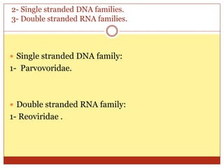 2- Single stranded DNA families.
3- Double stranded RNA families.



 Single stranded DNA family:
1- Parvovoridae.



 Double stranded RNA family:
1- Reoviridae .
 
