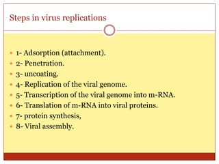 Steps in virus replications



 1- Adsorption (attachment).
 2- Penetration.
 3- uncoating.
 4- Replication of the viral genome.
 5- Transcription of the viral genome into m-RNA.
 6- Translation of m-RNA into viral proteins.
 7- protein synthesis,
 8- Viral assembly.
 