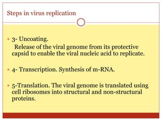 Steps in virus replication



 3- Uncoating.
  Release of the viral genome from its protective
 capsid to enable the viral nucleic acid to replicate.

 4- Transcription. Synthesis of m-RNA.


 5-Translation. The viral genome is translated using
 cell ribosomes into structural and non-structural
 proteins.
 