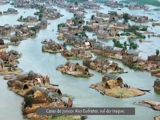 Casas de junco: Rio Eufrates, sul do Iraque. 
 