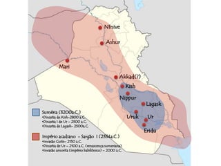 Mari 
Nínive 
Ashur 
Akkad(?) 
Suméria (3200a.C.) 
•Dinastia de Kish-2800 a.C. 
•Dinastia I de Ur – 2500 a.C. 
•Dinastia de Lagash- 2500a.C. 
Império acadiano - Sargão I (2334a.C.) 
•Invasão Gutis– 2150 a.C. 
•Dinastia de Ur – 2100 a.C. (renascença sumeriana) 
•Invasão amorita (império babilônico) – 2000 a.C. 
Ur 
Eridu 
Kish 
Uruk 
Lagask 
Nippur 
 