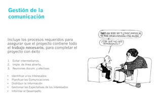 Gestión de la
 comunicación



Incluye los procesos requeridos para
asegurar que el proyecto contiene todo
el trabajo necesario, para completar el
proyecto con éxito

1.  Evitar intermediarios.
2.  Imple. de línea abierta.
3.  Reuniones docum. y efectivas

•    Identificar a los Interesados
•    Planificar las Comunicaciones
•    Distribuir la Información
•    Gestionar las Expectativas de los Interesados
•    Informar el Desempeño
 