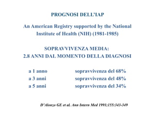 PROGNOSI DELL’IAP
An American Registry supported by the National
Institute of Health (NIH) (1981-1985)
SOPRAVVIVENZA MEDIA:
2.8 ANNI DAL MOMENTO DELLA DIAGNOSI
a 1 anno sopravvivenza del 68%
a 3 anni sopravvivenza del 48%
a 5 anni sopravvivenza del 34%
D’Alonzo GE et al. Ann Intern Med 1991;155:343-349
 