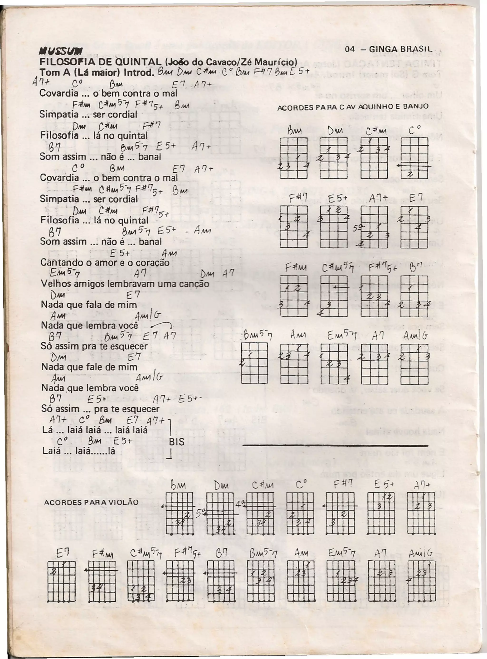 11 USiS 4nI .
FILOSOfiA DE QUINTAL (Joio do Cavaco/Zé Maurício)
Tom A (U maior) Introd. 13M-( D,.,.. C"'N.I C.o 0iolA r::-#7 84<1 E 51"
4ry+ c.0 f)",.., E7, A?+
Covardia ... o' bem contra o mal
'F:itMl C~.I41'7-7F~75+ BMA
Simpatia ... ser cordial
DM4 C~MA F.#'7
Filosofia ... lá no quintal
g'7 ~N.1E7-7 E 5+ 11'7+
Som assim ... não é ... banal
C o 6M-1 ['7 A- ']1-
Covardia ... o bem contra o mal
~ -' .F1I~ C:iJ,..,5~7 F#'7,t- 0J'M
Simpatia '" ser cordial '
: . DMA C4t,l<.l . FM'5+
Filosofia ....lá no quintal
f)'l 8iW1?7 E;,5'+ • A"""
Som assim ... não é ... banal
. . E 5t- 4M1
Cantando o amor e o coração
E~57 A1 b~ 41
Velhos amigos lembravam uma canção
DM-f E '7
Nada que fala de mim
,tl1o41 4.•.••./ (r
Nada que lembra você ~
B'7 b,w. li -7 E 7 tr '7
Só assim pra te esquecer
i)r'1 f.'7
Nada que fale de mim I
41W1 A,w1 (r
Nada.que lembra você
(37 E 5t- m- E 5'+-
Só assim ... pra te esquecer
A'7+ CO 8141 [7 4'7+ 1Lá ... laiá laiá ... laiá laiá
CO BIM E 5+- BIS
Laiá ... laiá......lá J
ACORDES PARA VIOLÃO
04 - GINGA BRASI L
ACORDES PARA C AV .ooUINHO E BANJO
 