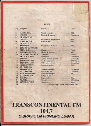 03
04
05
06
07
.
08
09
10
11
12
13
14
15
16
17
18
19
20
21
22
23
MAURO DlNIZ Tímida tentação RGE
MUSSUM 'Filosofia de quintal. . . . . . . . . .. . . . . Continental
GR. FUNDO DE
• UINfAL. , Do fundo do nosso quintal - RGE'
JORGE ARAGÃO. . . . . . . Coisa de pele . . . . . . . . . . . . . . . . .. RGE
IRCÉlA/ZÉCA
PAGODINHO. . . . . . . . . . Quando te vi chorando. . . . . . . . . . .. RGE
BIRO DO CAVACO/GR.
DESTAQUE .
SAMBA LÃ EM CASA .
GR. CRAVO E CANELA ..
BRANCA DI NEVE .
SAMBA 6 .
TONINHO GERAIS .
EXPORTA SAMBA _ .
ALMIR GUINETO .. : .
SÓ PRETO SEM
PRECONCEITO Viola em baadoleira ' E.U-odeon
GR. VARANDA Paixão pela flor _. Disco-Ban
MARQUINHOS SATÃ. . .. Falsa consideração. . . . . . . . . . . . . .. RCA
DAVID CORREA ..... " Estrela de Q;á. . . . . . . . . . . . . . . . .. -
GR. RAÇA. . . . . . . . . . . Papel machê. . . . . . . . . . . . . . . . . .. RCA.
MÁRCIA. . . . . . . . . . . . . Ronda...... . . . . . . . . . . . . . . . .. EMI-Odeon
BETH CARVALHO. . . . . . Andança ' RCA
............................ Matéria com a equipe do BAND·BRASIL
fNOlCE
Pág. Intérprete ,lfúsica
Jéssica ' .
Menina de Aruanda . . . . . . . . . . . . . .
Apoteose _ .
Boca louca .
A mais pura das paixões . . . . . . . . . . .
Verdadeira paixão .
Valeu a experiência _ .
Insensato destin o. . . . . . . . . . . . . . . .
Panela
RGE
Panela
Continental
Continemal
Dfl-Odeon
Copacabana
RGE
Disco
TRANSCONTIN'ENTAL FM
104,7
O BRASIIl EM PRIMEIRO LUGAR
 
