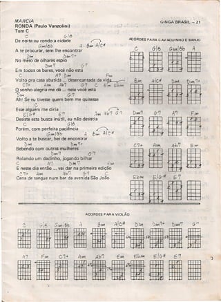 MARCIA
RONDA (Paulo Vanzolini.)
Tom C
C G/8
De noite.eu rondo a cidade f'
.: . G-~/bb 4 8MA 4/U .
A te procurar, sem lhe encontrar
[)1>'1 bN-1 '7-t
No meio de olhares espio
[)J1.41rJ (j-1
Em todos os bares, você não está
C A7 b~ P~
Volto pra casa abatida ....desencantada da vi~
('1+. . AM1 417 6-7 c. t:M1 çbMi
O sonho alegria me dá ... nele você está
bM 67
Ahl Se eu tivesse quem bem me quisesse
. C
Esse alguém me diria ..r->
EI6-# (,'7 ~MII ~b'7 6-'7
Desiste esta busca inútil, eu não desistia
C 6-/6
Porém, com perfeita paciência ~
GJ1.41/ebA EJ""" AIc~
Volto a te buscar, hei de encontrar
btwI t>••••••'1-t-
Bebendo com outras mu Iheres
DMAI'J 6-'7
Rolando um dadinho, jogando bilhar
C .,1'1 Di'f. 7 ,1M
E nesse dia então 000 vai dar na primeira edição
C1+ AMI ';bl'] (j-'7 C.
Cena de sangue num bar da avenida São João
GINGA BRASil":' 21
ACORDES PARA CAV AQUINHO E BANJO
G GI6 G~18b A
IIBIl
elei
ACORDES PARA VIOLÃO
 