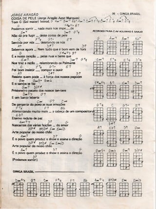 JÓRGE ARAGAO 06. -: ~INGABRASIl:
COISA DE PELE (Jorge Aragão Acyr Marques) ~ ~" /
Tom G {Sol maior} Introd.G 4.•••n 6.•••': PJboA"",7 C•••7 F1q6)I>J7 C '9 1l~'7 D7q
G p./fAl(?ÍJ 57
Podemos sorrir .._ nada mais nos impe ..... de
E.•••'1 D.••• '7 (J '71
Nao dá pra fugir _. dessa coissa de pele
C f71 67+ E7
Sentida por nós ._. desatando os nós
A'1 b~7 7)1
Sabemos agora _ Nem tudo Que é bom vem de fora
G . f#I>I(S-7 ~'l
~oa nossacanção _. pelas ruas e bares que
E..I/If 7 i),w '7 cT 'T'f
Nos traz a razão._ relembrando os Palrnares
, .0 C F'7, &7+ E.7
Foi bom insistir _ compor e ouvir
- 4'7 . l):f7 D'l
Resiste quem pode _ à força dos nossos pagodes
G-~ 6-.-5+ G.•••,
. E o samba se faZ
Go-â blp-l
Prisioneiro pacato dos nossos tarHans
. n..'7 (J7
E um banjo Ieberta -
- c.,.., - r;'l CM'f
:~~=1:~~de~~torgG-'7q De: Eb1 ' .
;Etemo reduto de paz
4...-1 c;-" D7 G- ,.,
Nascentes das várias feições _ do amor o ) ~ o,
o. l>IF~ 8'1//)'" E- EA-tll> A'1 ~b'1 Df) G,.,."
:..;'t:=:!? á~ $ ff§.m1 ~
Alto ..,....~~ ..zfg'c..t:' E-></I> 8:E H:B SE E±J.
~0~1~~nxluzo~eassm •• á...t Fffi' ~ i ~
(Podemo •• o,"" I fffi .E:E8B frH
~~----------------------.
ACOROES PARA C AlI AOUINHO E B.AHJO
6-'1+ E'7
DE
 