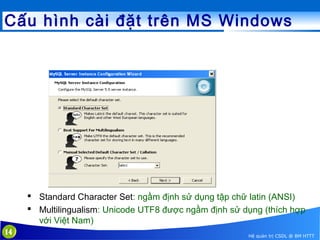 Cấu hình cài đặt trên MS Windows

 Standard Character Set: ngầm định sử dụng tập chữ latin (ANSI)
 Multilingualism: Unicode UTF8 được ngầm định sử dụng (thích hợp
với Việt Nam)
14

Hệ quản trị CSDL @ BM HTTT

 