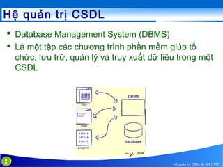 Hệ quản trị CSDL
 Database Management System (DBMS)
 Là một tập các chương trình phần mềm giúp tổ
chức, lưu trữ, quản lý và truy xuất dữ liệu trong một
CSDL

2

Hệ quản trị CSDL @ BM HTTT

 