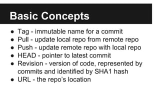 Basic Concepts
● Tag - immutable name for a commit
● Pull - update local repo from remote repo
● Push - update remote repo with local repo
● HEAD - pointer to latest commit
● Revision - version of code, represented by
commits and identified by SHA1 hash
● URL - the repo’s location
 