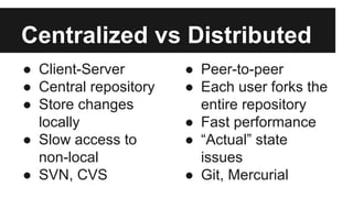 Centralized vs Distributed
● Client-Server
● Central repository
● Store changes
locally
● Slow access to
non-local
● SVN, CVS
● Peer-to-peer
● Each user forks the
entire repository
● Fast performance
● “Actual” state
issues
● Git, Mercurial
 