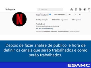 Depois de fazer análise de público, é hora de
definir os canais que serão trabalhados e como
serão trabalhados.
 