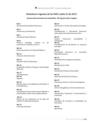 Guía básica sobre las NIIF – Conceptos Fundamentales



              Estándares vigentes de las NIIF a julio 31 de 2011
              Normas Internacionales de Contabilidad - NIC vigentes (IAS en inglés)


NIC 1                                                    NIC 24
Presentación de Estados Financieros.                     Información a revelar sobre partes vinculadas.

NIC 2                                                    NIC 26
Existencias (o Inventarios).                             Contabilización e Información Financiera
                                                         sobre planes de prestaciones por retiro.
NIC 7
Estados de Flujo de Efectivo.                            NIC 27
                                                         Estados     Financieros    consolidados  e
NIC 8                                                    individuales.
Políticas  contables,     cambios      en     las        NIC 28
estimaciones contables y errores.                        Contabilización de inversiones en empresas
                                                         asociadas.
NIC 10
Hechos posteriores a la fecha del Balance.               NIC 29
                                                         Información     Financiera       en    economías
NIC 11                                                   hiperinflacionarias.
Contratos de Construcción.
                                                         NIC 31
NIC 12                                                   Participaciones en negocios conjuntos.
Impuesto sobre las Ganancias.
                                                         NIC 33
NIC 16                                                   Beneficios por acción.
Propiedades, Planta y Equipo (o Inmovilizado
Material).                                               NIC 34
                                                         Información Financiera Intermedia.
NIC 17
Arrendamientos.                                          NIC 36
NIC 18                                                   Deterioro del valor de los Activos.
Ingresos.
                                                         NIC 37
NIC 19                                                   Provisiones, Activos y Pasivos Contingentes.
Retribuciones a los empleados (o Beneficios a
los Empleados).                                          NIC 38
                                                         Activos Intangibles (o Activos Inmateriales).
NIC 20
Contabilización de las Subvenciones Oficiales e          NIC 39
Información a revelar sobre ayudas públicas.             Instrumentos Financieros: reconocimiento y
                                                         valoración.
 NIC 21
Efectos de las variaciones en los tipos de               NIC 40
cambio de la Moneda Extranjera.                          Inmuebles de inversión (o Propiedades de
                                                         Inversión).
NIC 23
Costes por Intereses.                                    NIC 41
                                                         Agricultura.




                                                                           a c t u a l i c e s e . c o m | 13
 