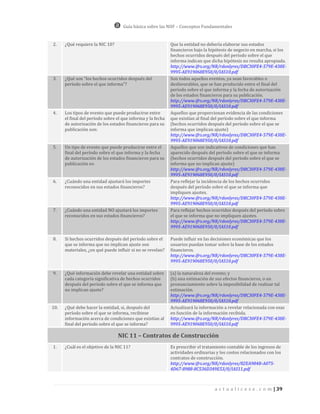 Guía básica sobre las NIIF – Conceptos Fundamentales


2.    ¿Qué requiere la NIC 10?                               Que la entidad no debería elaborar sus estados
                                                             financieros bajo la hipótesis de negocio en marcha, si los
                                                             hechos ocurridos después del período sobre el que
                                                             informa indican que dicha hipótesis no resulta apropiada.
                                                             http://www.ifrs.org/NR/rdonlyres/DBC30FE4-579E-438E-
                                                             9995-AE919068E950/0/IAS10.pdf
3.    ¿Qué son “los hechos ocurridos después del             Son todos aquellos eventos, ya sean favorables o
      período sobre el que informa”?                         desfavorables, que se han producido entre el final del
                                                             período sobre el que informa y la fecha de autorización
                                                             de los estados financieros para su publicación.
                                                             http://www.ifrs.org/NR/rdonlyres/DBC30FE4-579E-438E-
                                                             9995-AE919068E950/0/IAS10.pdf
4.    Los tipos de evento que puede producirse entre         Aquellos que proporcionan evidencia de las condiciones
      el final del período sobre el que informa y la fecha   que existían al final del período sobre el que informa
      de autorización de los estados financieros para su     (hechos ocurridos después del período sobre el que se
      publicación son:                                       informa que implican ajuste)
                                                             http://www.ifrs.org/NR/rdonlyres/DBC30FE4-579E-438E-
                                                             9995-AE919068E950/0/IAS10.pdf
5.    Un tipo de evento que puede producirse entre el        Aquellos que son indicativos de condiciones que han
      final del período sobre el que informa y la fecha      aparecido después del período sobre el que se informa
      de autorización de los estados financieros para su     (hechos ocurridos después del período sobre el que se
      publicación es:                                        informa que no implican ajuste)
                                                             http://www.ifrs.org/NR/rdonlyres/DBC30FE4-579E-438E-
                                                             9995-AE919068E950/0/IAS10.pdf
6.    ¿Cuándo una entidad ajustará los importes              Para reflejar la incidencia de los hechos ocurridos
      reconocidos en sus estados financieros?                después del período sobre el que se informa que
                                                             impliquen ajustes.
                                                             http://www.ifrs.org/NR/rdonlyres/DBC30FE4-579E-438E-
                                                             9995-AE919068E950/0/IAS10.pdf
7.    ¿Cuándo una entidad NO ajustará los importes           Para reflejar hechos ocurridos después del período sobre
      reconocidos en sus estados financieros?                el que se informa que no impliquen ajustes.
                                                             http://www.ifrs.org/NR/rdonlyres/DBC30FE4-579E-438E-
                                                             9995-AE919068E950/0/IAS10.pdf

8.    Si hechos ocurridos después del período sobre el       Puede influir en las decisiones económicas que los
      que se informa que no implican ajuste son              usuarios puedan tomar sobre la base de los estados
      materiales, ¿en qué puede influir si no se revelan?    financieros.
                                                             http://www.ifrs.org/NR/rdonlyres/DBC30FE4-579E-438E-
                                                             9995-AE919068E950/0/IAS10.pdf

9.    ¿Qué información debe revelar una entidad sobre        (a) la naturaleza del evento; y
      cada categoría significativa de hechos ocurridos       (b) una estimación de sus efectos financieros, o un
      después del período sobre el que se informa que        pronunciamiento sobre la imposibilidad de realizar tal
      no implican ajuste?                                    estimación.
                                                             http://www.ifrs.org/NR/rdonlyres/DBC30FE4-579E-438E-
                                                             9995-AE919068E950/0/IAS10.pdf
10.   ¿Qué debe hacer la entidad, si, después del            Actualizará la información a revelar relacionada con esas
      período sobre el que se informa, recibiese             en función de la información recibida.
      información acerca de condiciones que existían al      http://www.ifrs.org/NR/rdonlyres/DBC30FE4-579E-438E-
      final del período sobre el que se informa?             9995-AE919068E950/0/IAS10.pdf

                                 NIC 11 – Contratos de Construcción
1.    ¿Cuál es el objetivo de la NIC 11?                     Es prescribir el tratamiento contable de los ingresos de
                                                             actividades ordinarias y los costos relacionados con los
                                                             contratos de construcción.
                                                             http://www.ifrs.org/NR/rdonlyres/82EA984B-A075-
                                                             4D67-8988-8C536D349E53/0/IAS11.pdf



                                                                                   a c t u a l i c e s e . c o m | 39
 