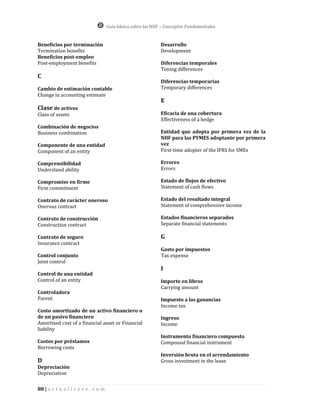 Guía básica sobre las NIIF – Conceptos Fundamentales


Beneficios por terminación                                    Desarrollo
Termination benefits                                          Development
Beneficios post-empleo
Post-employment benefits                                      Diferencias temporales
                                                              Timing differences
C
                                                              Diferencias temporarias
Cambio de estimación contable                                 Temporary differences
Change in accounting estimate
                                                              E
Clase de activos
Class of assets                                               Eficacia de una cobertura
                                                              Effectiveness of a hedge
Combinación de negocios
Business combination                                          Entidad que adopta por primera vez de la
                                                              NIIF para las PYMES adoptante por primera
Componente de una entidad                                     vez
Component of an entity                                        First-time adopter of the IFRS for SMEs

Comprensibilidad                                              Errores
Understand ability                                            Errors

Compromiso en firme                                           Estado de flujos de efectivo
Firm commitment                                               Statement of cash flows

Contrato de carácter oneroso                                  Estado del resultado integral
Onerous contract                                              Statement of comprehensive income

Contrato de construcción                                      Estados financieros separados
Construction contract                                         Separate financial statements

Contrato de seguro                                            G
Insurance contract
                                                              Gasto por impuestos
Control conjunto                                              Tax expense
Joint control
                                                              I
Control de una entidad
Control of an entity                                          Importe en libros
                                                              Carrying amount
Controladora
Parent                                                        Impuesto a las ganancias
                                                              Income tax
Costo amortizado de un activo financiero o
de un pasivo financiero                                       Ingreso
Amortised cost of a financial asset or Financial              Income
liability
                                                              Instrumento financiero compuesto
Costos por préstamos                                          Compound financial instrument
Borrowing costs
                                                              Inversión bruta en el arrendamiento
D                                                             Gross investment in the lease
Depreciación
Depreciation


88 | a c t u a l i c e s e . c o m
 