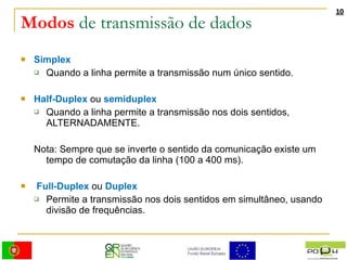 Modos  de transmissão de dados Simplex Quando a linha permite a transmissão num único sentido. Half-Duplex  ou  semiduplex Quando a linha permite a transmissão nos dois sentidos, ALTERNADAMENTE. Nota: Sempre que se inverte o sentido da comunicação existe um tempo de comutação da linha (100 a 400 ms). Full-Duplex  ou  Duplex Permite a transmissão nos dois sentidos em simultâneo, usando divisão de frequências. 