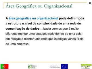 Área Geográfica ou Organizacional A  área geográfica ou organizacional  pode definir toda a estrutura e nível de complexidade de uma rede de comunicação de dados … basta vermos que é muito diferente montar uma pequena rede dentro de uma sala, em relação a montar uma rede que interligue varias filiais de uma empresa. 