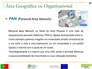 Área Geográfica ou Organizacional PAN   (Personal Area Network) P ersonal  A rea  N etwork ou Rede de Área Pessoal é uma rede de equipamentos pessoais (telefones, PDA’s), ligados directamente entre si. Como exemplo podemos imaginar um computador portátil conectando-se a um outro e este a uma impressora, ou um computador e um portátil ligados a Internet com a ajuda de um router . Tecnologicamente é o mesmo que uma LAN, sendo a principal diferença a pouca possibilidade de crescimento e a sua utilização doméstica.  
