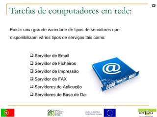Tarefas de computadores em rede: Existe uma grande variedade de tipos de servidores que disponibilizam vários tipos de serviços tais como: Servidor de Email Servidor de Ficheiros Servidor de Impressão Servidor de FAX Servidores de Aplicação Servidores de Base de Dados 