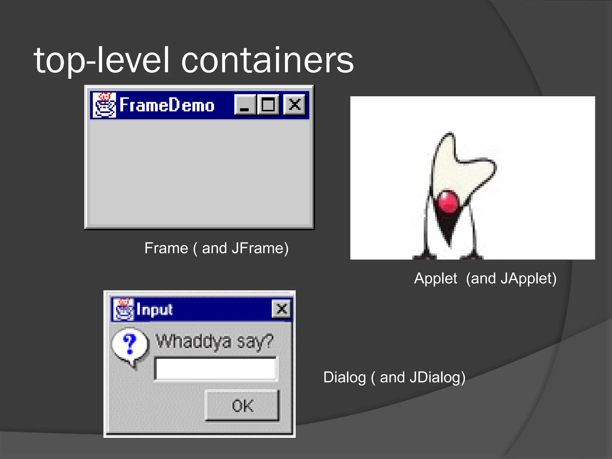 top-level containers
Frame ( and JFrame)
Dialog ( and JDialog)
Applet (and JApplet)
 