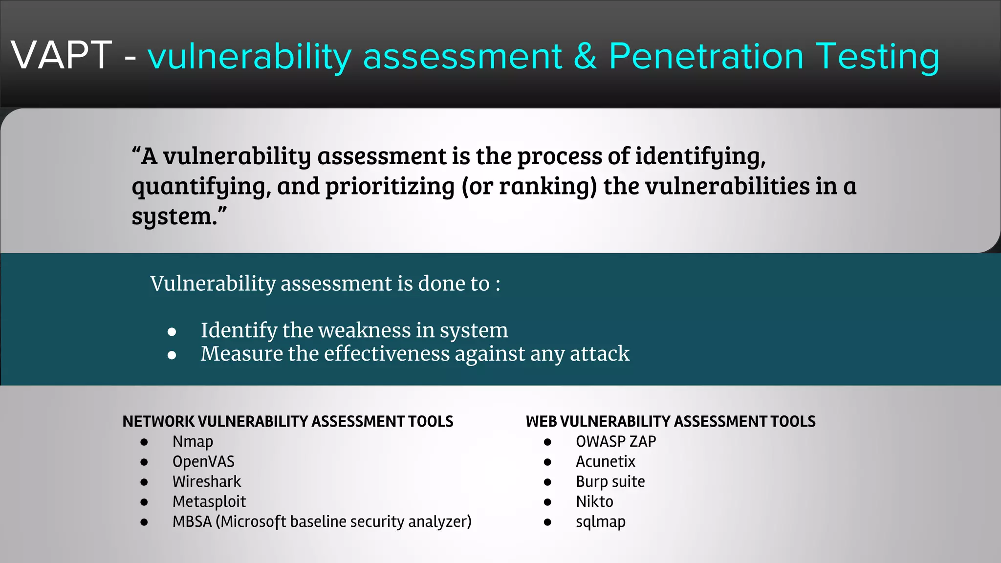 VAPT - vulnerability assessment & Penetration Testing
“A vulnerability assessment is the process of identifying,
quantifying, and prioritizing (or ranking) the vulnerabilities in a
system.”
Vulnerability assessment is done to :
● Identify the weakness in system
● Measure the effectiveness against any attack
NETWORK VULNERABILITY ASSESSMENT TOOLS
● Nmap
● OpenVAS
● Wireshark
● Metasploit
● MBSA (Microsoft baseline security analyzer)
WEB VULNERABILITY ASSESSMENT TOOLS
● OWASP ZAP
● Acunetix
● Burp suite
● Nikto
● sqlmap
 