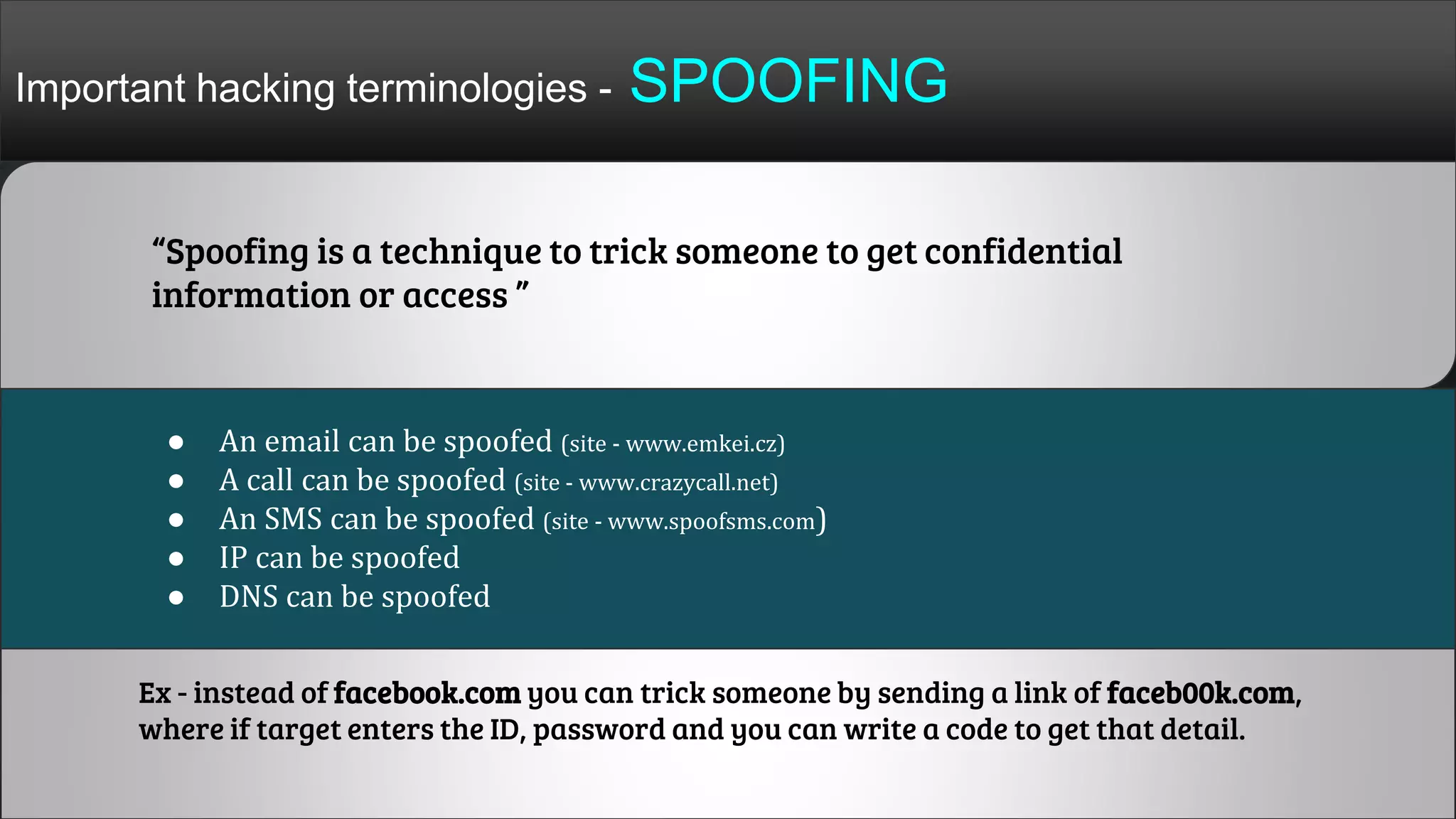 Important hacking terminologies - SPOOFING
Ex - instead of facebook.com you can trick someone by sending a link of faceb00k.com,
where if target enters the ID, password and you can write a code to get that detail.
● An email can be spoofed (site - www.emkei.cz)
● A call can be spoofed (site - www.crazycall.net)
● An SMS can be spoofed (site - www.spoofsms.com)
● IP can be spoofed
● DNS can be spoofed
“Spoofing is a technique to trick someone to get confidential
information or access ”
 