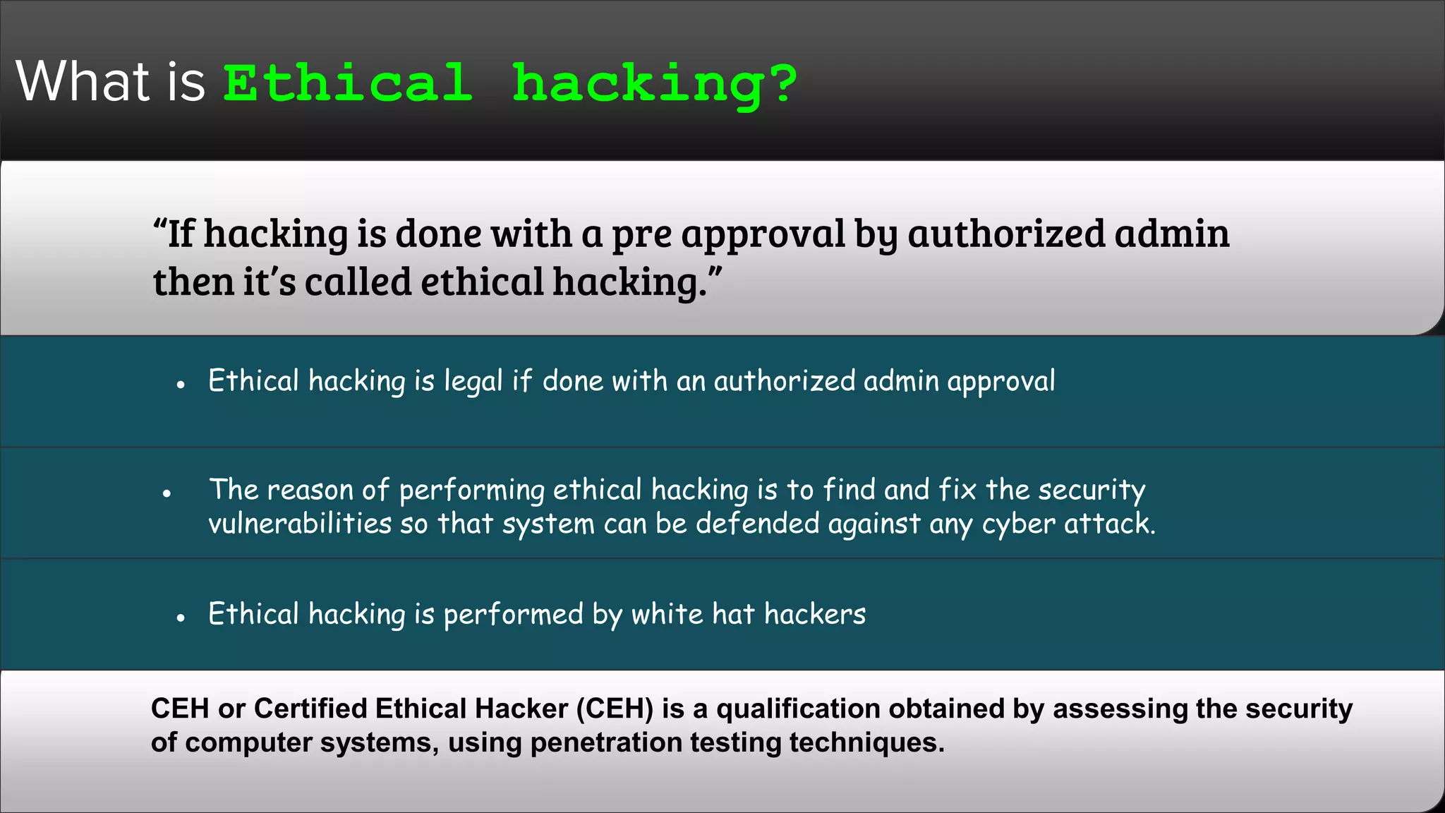 What is Ethical hacking?
“If hacking is done with a pre approval by authorized admin
then it’s called ethical hacking.”
● Ethical hacking is legal if done with an authorized admin approval
● The reason of performing ethical hacking is to find and fix the security
vulnerabilities so that system can be defended against any cyber attack.
● Ethical hacking is performed by white hat hackers
CEH or Certified Ethical Hacker (CEH) is a qualification obtained by assessing the security
of computer systems, using penetration testing techniques.
 