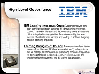 High-Level Governance IBM Learning Investment Council .   Representatives from each learning organization comprise the IBM Learning Investment Council. The role of this team is to decide which projects are the most critical enterprise learning priorities. An endorsement by this team provides official enterprise sanction and funding. In addition, the group monitors spending by project. Learning Management Council.   Representatives from lines of business form this council that are responsible for (1) setting rules on how we manage all learning at IBM, (2) defining principles of operation, (3) defining standards for learning design, (4) defining vision and strategy for learning systems, and (5) sharing best practices. 