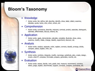 Bloom’s Taxonomy Knowledge Action verbs: list, define, tell, describe, identify, show, label, collect, examine, tabulate, quote, name, who, when, where, etc.   Comprehension  Action verbs: summarize, describe, interpret, contrast, predict, associate, distinguish, estimate, differentiate, discuss, extend, etc.   Application  Action verbs: apply, demonstrate, calculate, complete, illustrate, show, solve, examine, modify, relate, change, classify, experiment, discover, etc.  Analysis  Action verbs: analyze, separate, order, explain, connect, classify, arrange, divide, compare, select, explain, infer, etc.   Synthesis  Action verbs: combine, integrate, modify, rearrange, substitute, plan, create, design, invent, what if?, compose, formulate, prepare, generalize, rewrite, etc.   Evaluation  Action verbs: assess, decide, rank, grade, test, measure, recommend, convince, select, judge, explain, discriminate, support, conclude, compare, summarize, etc.  