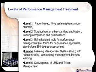 Levels of Performance Management Treatment Level 1.   Paper-based, filing system (pharma non-example) Level 2.  Spreadsheet or other standard application, tracking compliance and qualifications Level 3.  Using isolated tools for performance management (i.e. forms for performance appraisals, stand-alone 360 degree assessment. Level 4.  Learning Management System (LMS) with robust tracking, competency management, blended learning Level 5.  Convergence of LMS and Talent Management 