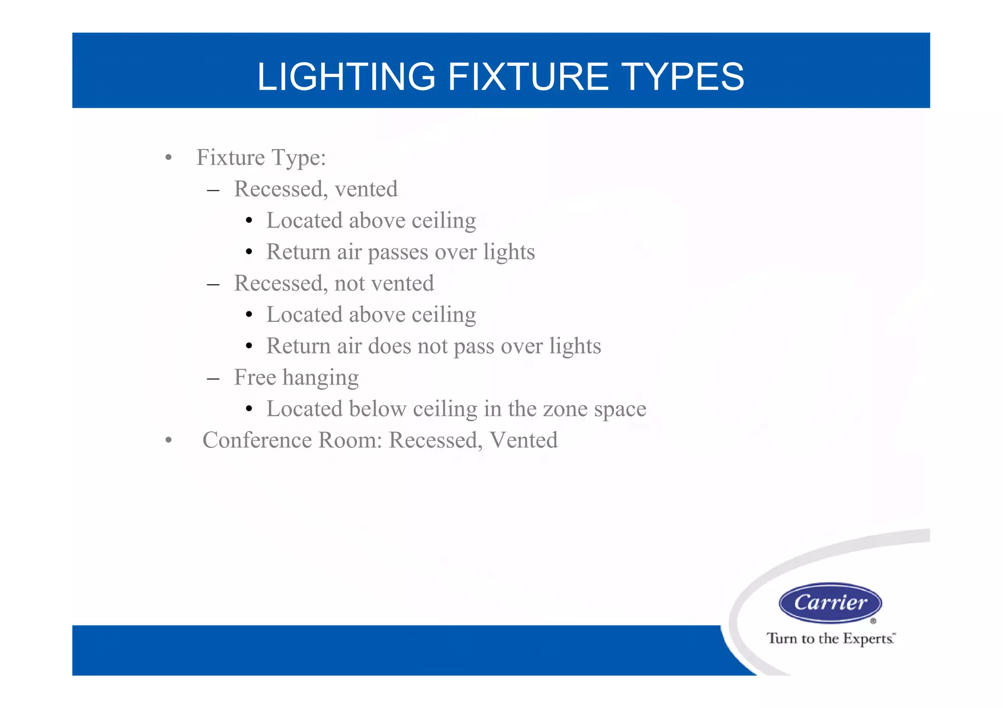 LIGHTING FIXTURE TYPES
• Fixture Type:
– Recessed, vented
• Located above ceiling
• Return air passes over lights
– Recessed, not vented
• Located above ceiling
• Return air does not pass over lights
– Free hanging
• Located below ceiling in the zone space
• Conference Room: Recessed, Vented
 