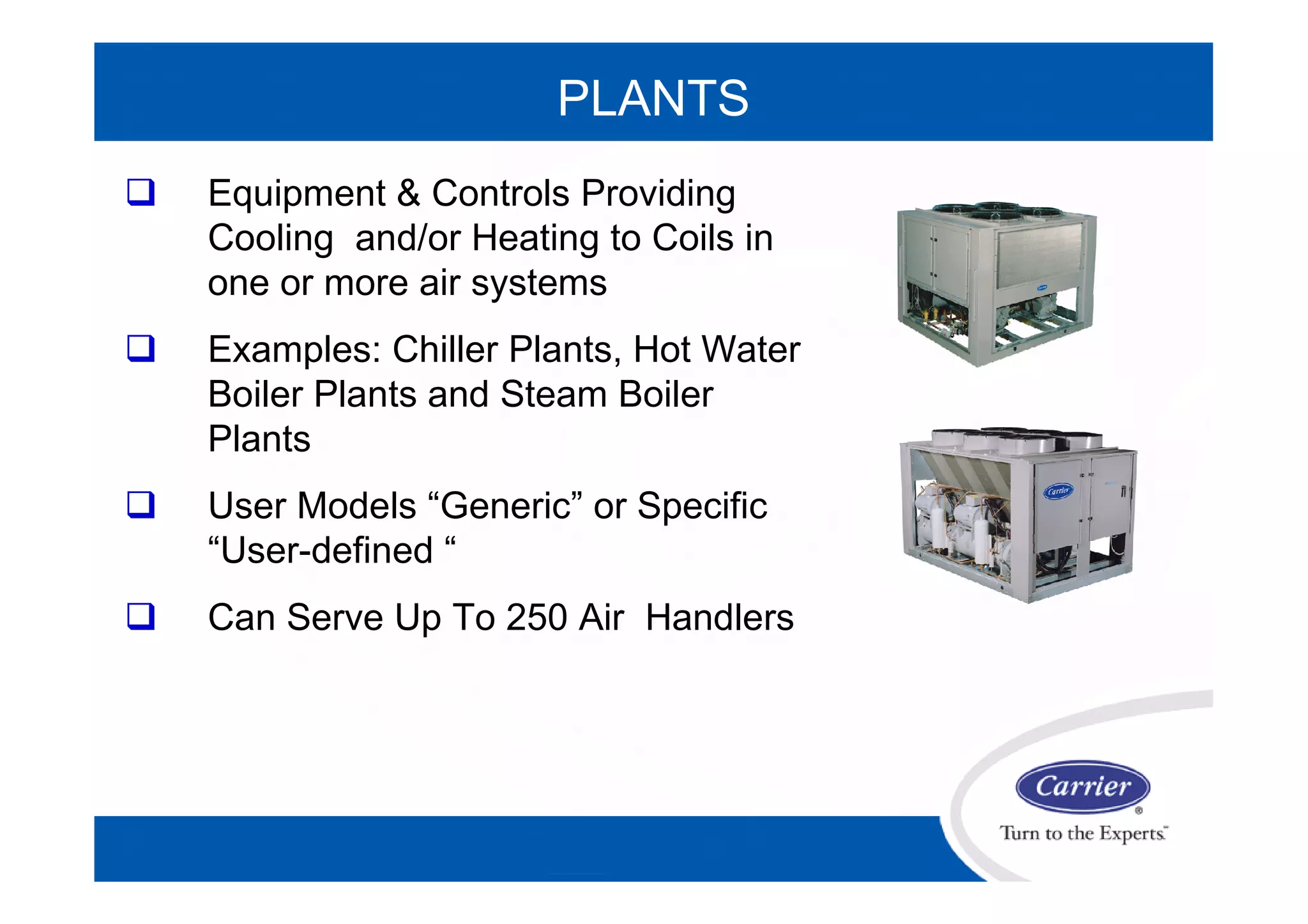 PLANTS
 Equipment & Controls Providing
Cooling and/or Heating to Coils in
one or more air systems
 Examples: Chiller Plants, Hot Water
Boiler Plants and Steam Boiler
Plants
 User Models “Generic” or Specific
“User-defined “
 Can Serve Up To 250 Air Handlers
 