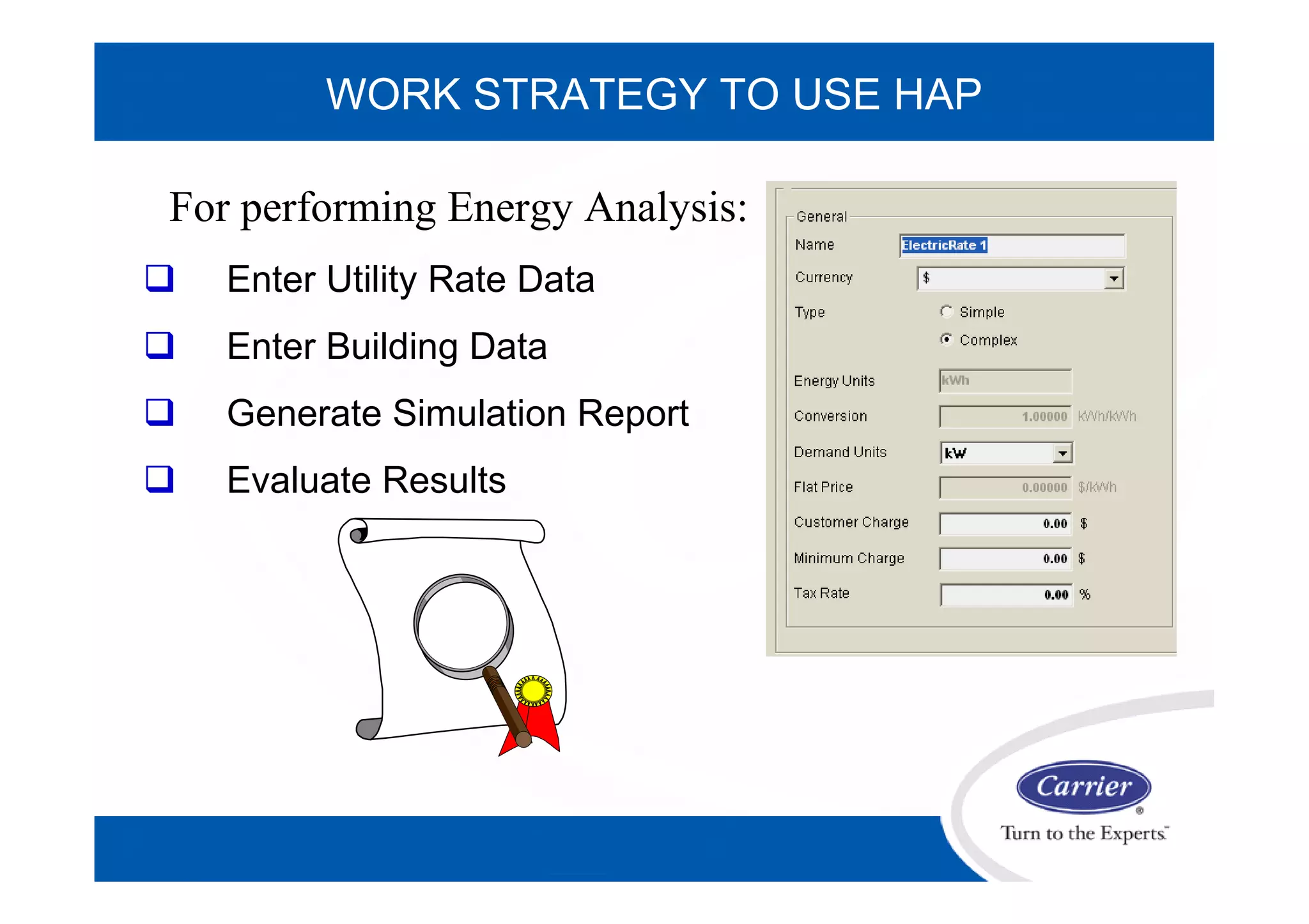  Enter Utility Rate Data
 Enter Building Data
 Generate Simulation Report
 Evaluate Results
WORK STRATEGY TO USE HAP
For performing Energy Analysis:
 
