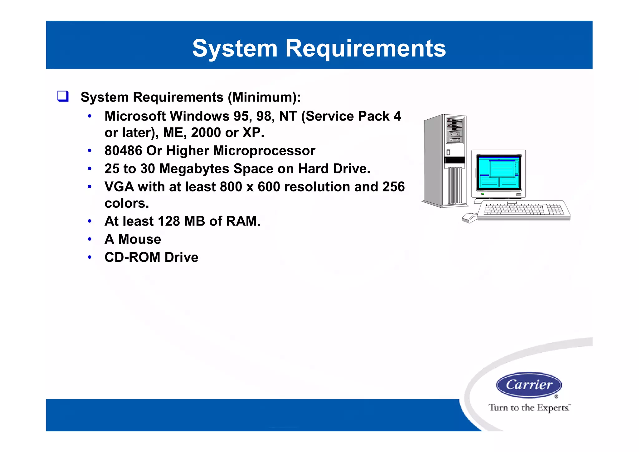 System Requirements
 System Requirements (Minimum):
• Microsoft Windows 95, 98, NT (Service Pack 4
or later), ME, 2000 or XP.
• 80486 Or Higher Microprocessor
• 25 to 30 Megabytes Space on Hard Drive.
• VGA with at least 800 x 600 resolution and 256
colors.
• At least 128 MB of RAM.
• A Mouse
• CD-ROM Drive
 