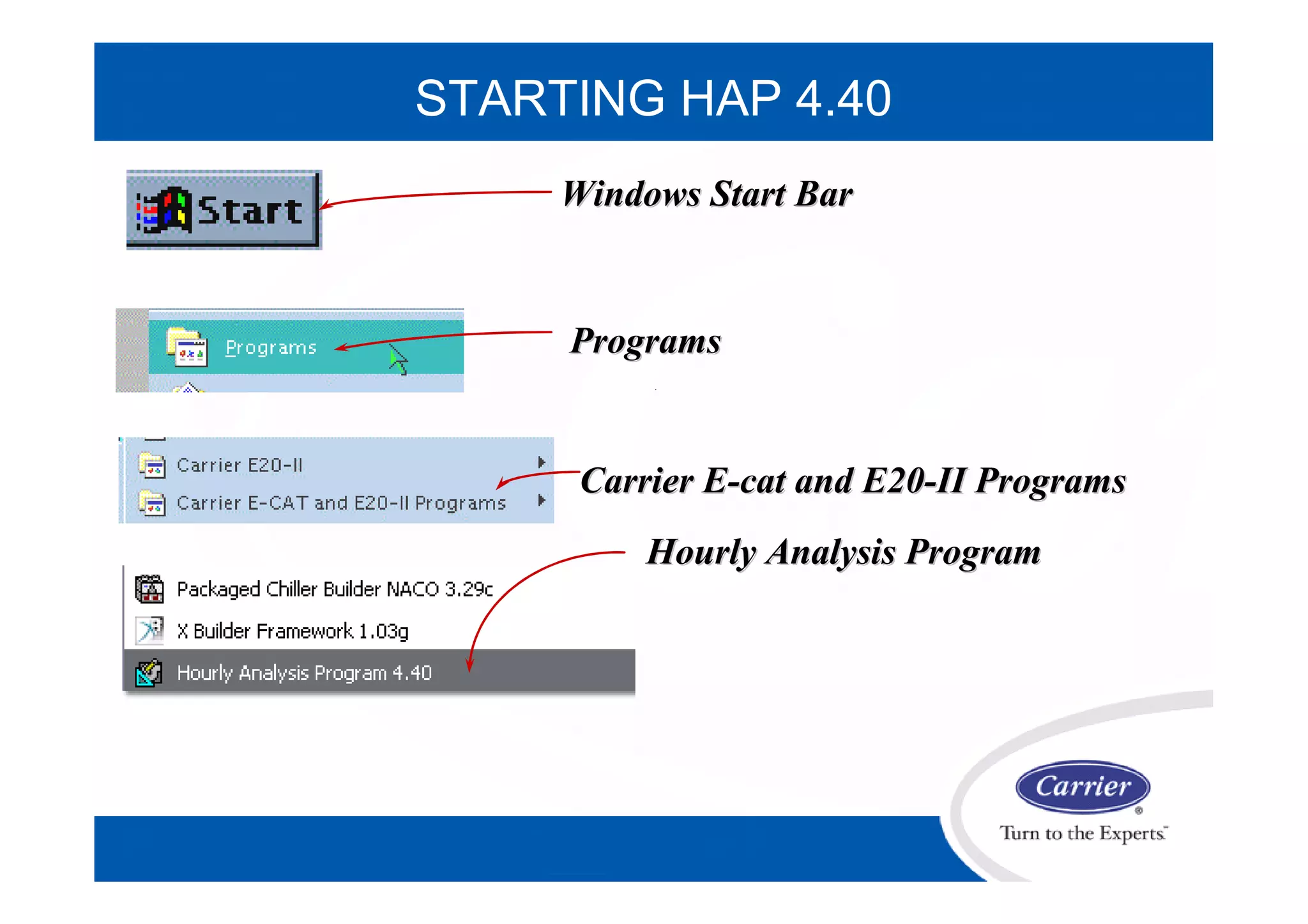 STARTING HAP 4.40
Windows Start BarWindows Start Bar
ProgramsPrograms
Carrier ECarrier E--cat and E20cat and E20--II ProgramsII Programs
Hourly Analysis ProgramHourly Analysis Program
 
