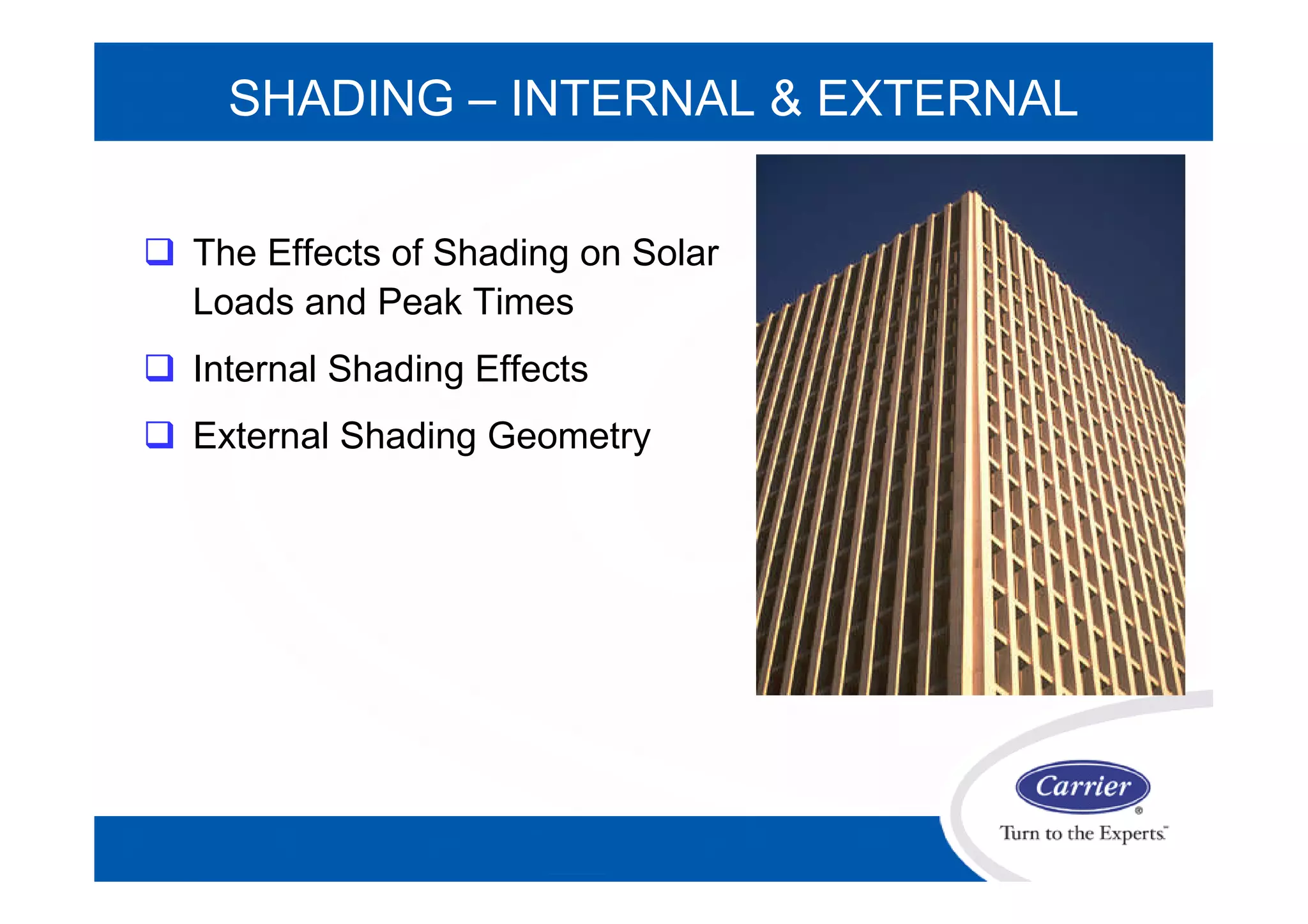 SHADING – INTERNAL & EXTERNAL
 The Effects of Shading on Solar
Loads and Peak Times
 Internal Shading Effects
 External Shading Geometry
 