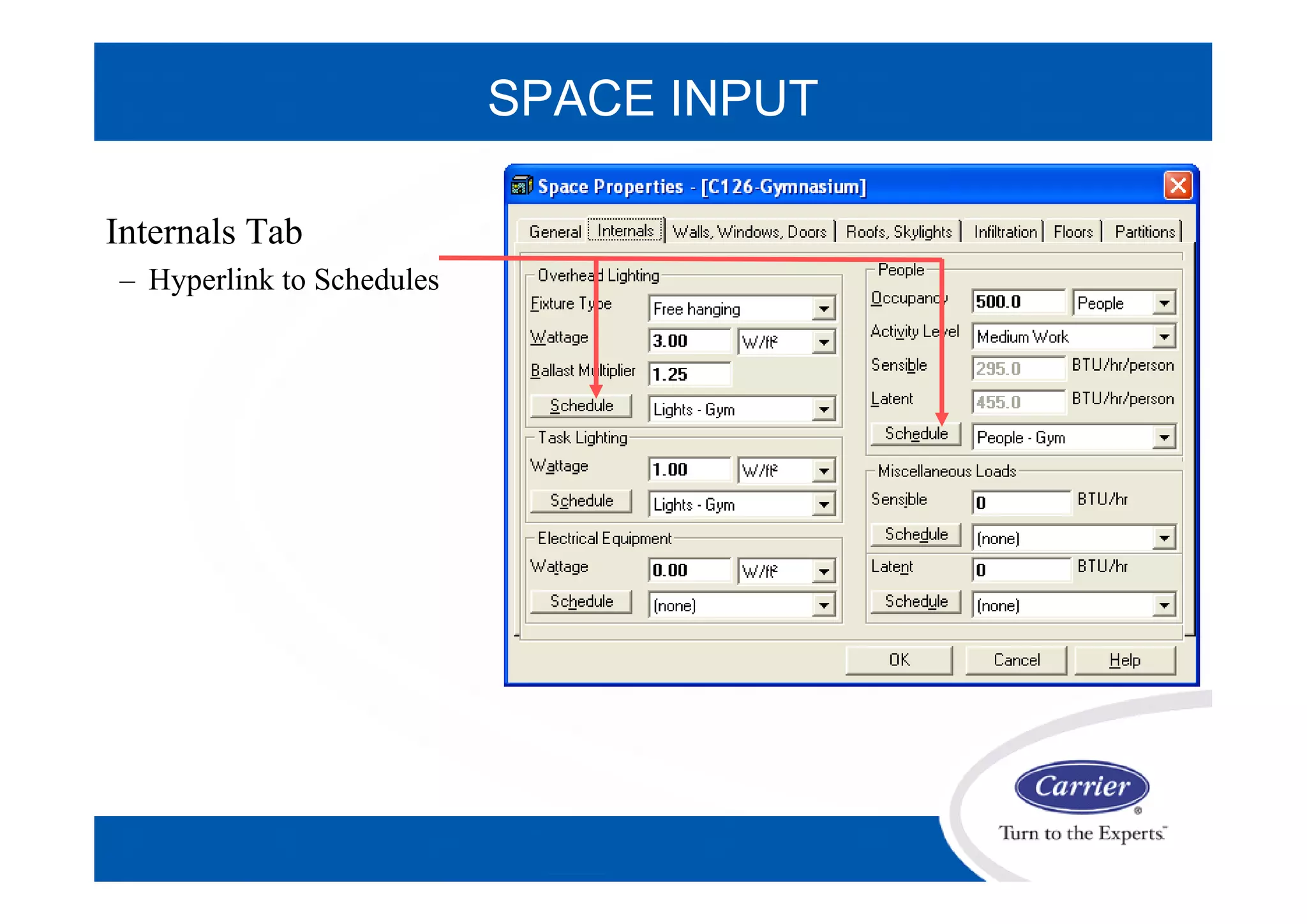 Internals Tab
– Hyperlink to Schedules
SPACE INPUT
 