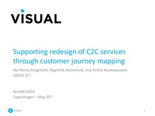 VISUAL
Supporting redesign of C2C services
through customer journey mapping
Ida Maria Haugstveit, Ragnhild Halvorsrud, and Amela Karahasanović
SINTEF ICT
ServDes2016
Copenhagen – May 25th
1
 