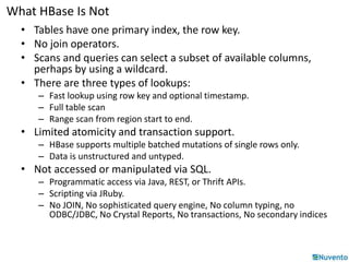 What HBase Is Not 
• Tables have one primary index, the row key. 
• No join operators. 
• Scans and queries can select a subset of available columns, 
perhaps by using a wildcard. 
• There are three types of lookups: 
– Fast lookup using row key and optional timestamp. 
– Full table scan 
– Range scan from region start to end. 
• Limited atomicity and transaction support. 
– HBase supports multiple batched mutations of single rows only. 
– Data is unstructured and untyped. 
• Not accessed or manipulated via SQL. 
– Programmatic access via Java, REST, or Thrift APIs. 
– Scripting via JRuby. 
– No JOIN, No sophisticated query engine, No column typing, no 
ODBC/JDBC, No Crystal Reports, No transactions, No secondary indices 
 