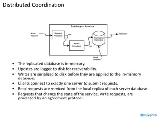 Distributed Coordination 
• The replicated database is in-memory. 
• Updates are logged to disk for recoverability. 
• Writes are serialized to disk before they are applied to the in-memory 
database. 
• Clients connect to exactly one server to submit requests. 
• Read requests are serviced from the local replica of each server database. 
• Requests that change the state of the service, write requests, are 
processed by an agreement protocol. 
 