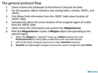 The general protocol flow 
1. Client contacts the Zookeeper to find where it shall put the data. 
2. For this purpose, HBase maintains two catalog tables, namely, -ROOT-, and 
.META.. 
3. First HBase finds information from the -ROOT- table about location of 
.META. Table. 
4. Subsequently about the server location of the assigned region of a table 
from the .META. table. 
5. Client caches this information and contacts the HRegionServer. 
6. Next the HRegionServer creates a HRegion object corresponding to the 
opened region. 
1. When the HRegion is "opened" it sets up a HStore instance for each 
HColumnFamily for every table as defined by the user beforehand. 
2. Each of the Store instances have one or more StoreFile instances 
3. StoreFile are lightweight wrappers around the actual storage file called HFile. 
 