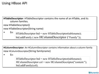 Using HBase API 
HTableDescriptor: HTableDescriptor contains the name of an HTable, and its 
column families. 
new HTableDescriptor() 
new HTableDescriptor(String name) 
• Ex: HTableDescriptor htd = new HTableDescriptor(tablename); 
htd.addFamily ( new HColumnDescriptor (“Family”)); 
HColumnDescriptor: An HColumnDescriptor contains information about a column family 
new HColumnDescriptor(String familyname) 
• Ex: 
HTableDescriptor htd = new HTableDescriptor(tablename); 
HColumnDescriptor col = new HColumnDescriptor("content:"); 
htd.addFamily(col); 
 