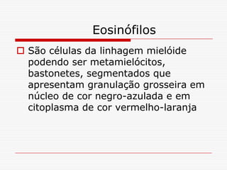 Eosinófilos
 São células da linhagem mielóide
  podendo ser metamielócitos,
  bastonetes, segmentados que
  apresentam granulação grosseira em
  núcleo de cor negro-azulada e em
  citoplasma de cor vermelho-laranja
 